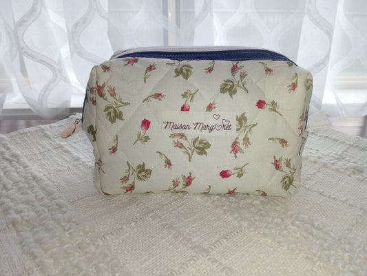 Handmade Boxy Makeup Case l Scattered Rosebuds l Quilted Cosmetic Bag l Cotton Toiletry Case with Blue/White check Gingham Lining.