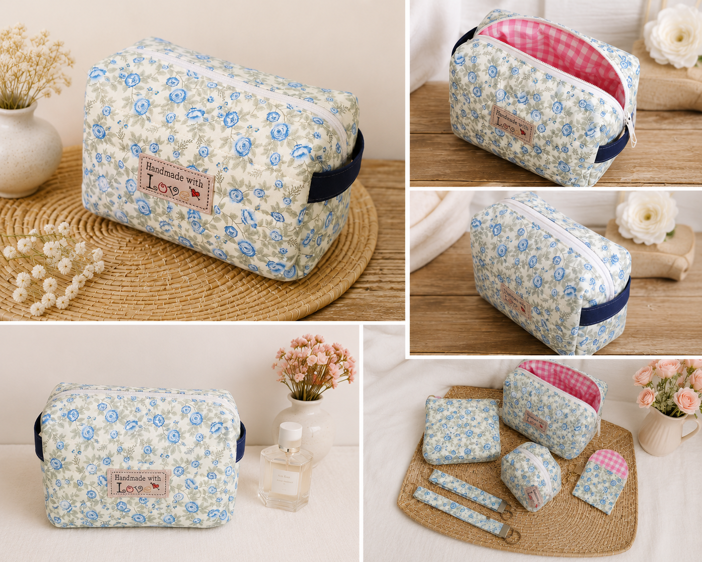 Handmade Boxy Makeup Case l Blue Floral Quilted Cosmetic Bag l Cotton Toiletry Case with Pink/White check Gingham Lining.