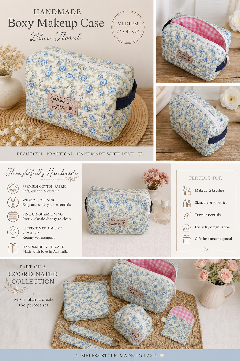 Handmade Boxy Makeup Case l Blue Floral Quilted Cosmetic Bag l Cotton Toiletry Case with Pink/White check Gingham Lining.