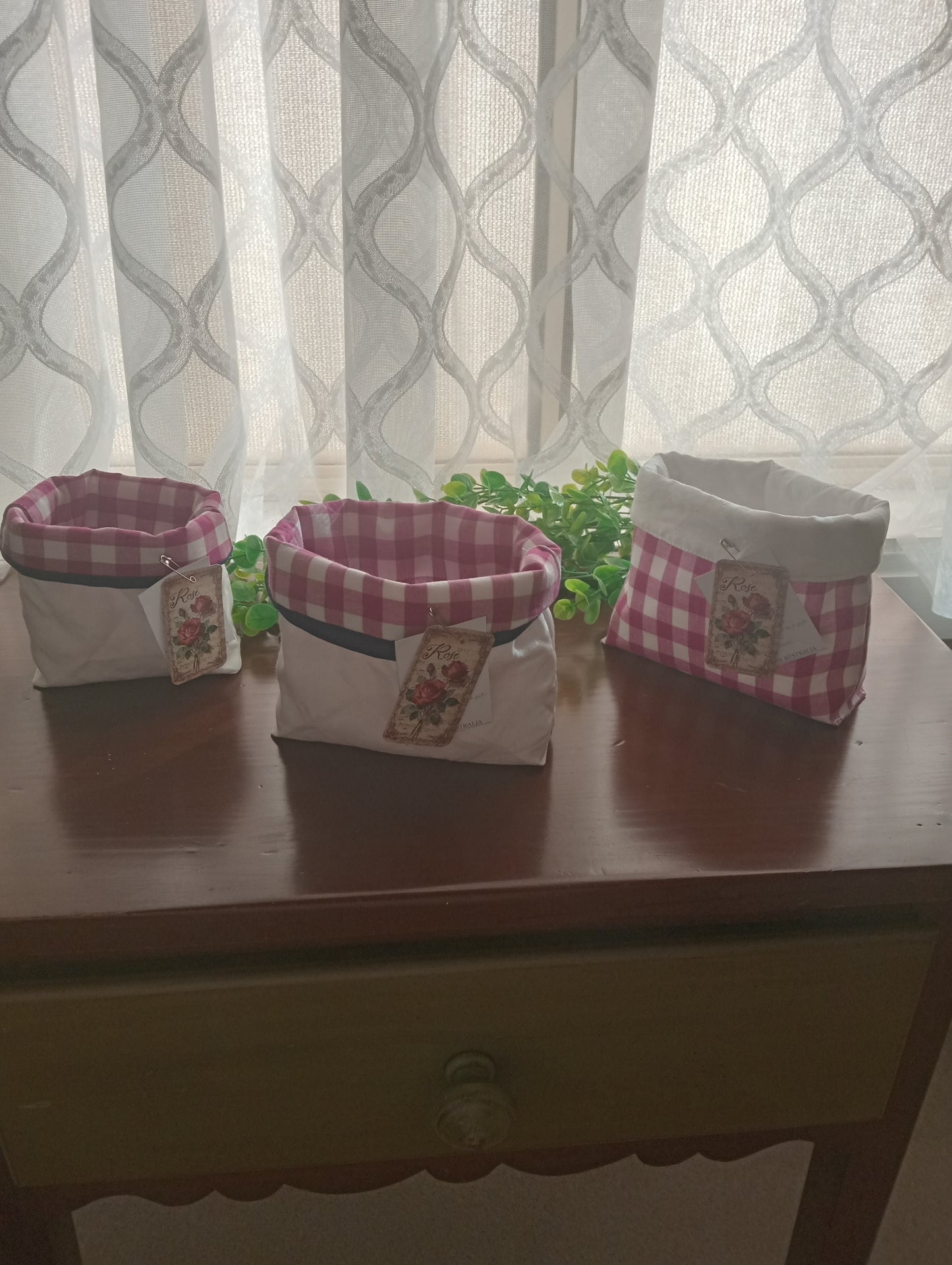 Handmade Irish Linen Quilted Storage Basket | contrast Magenta Gingham Fabric Basket