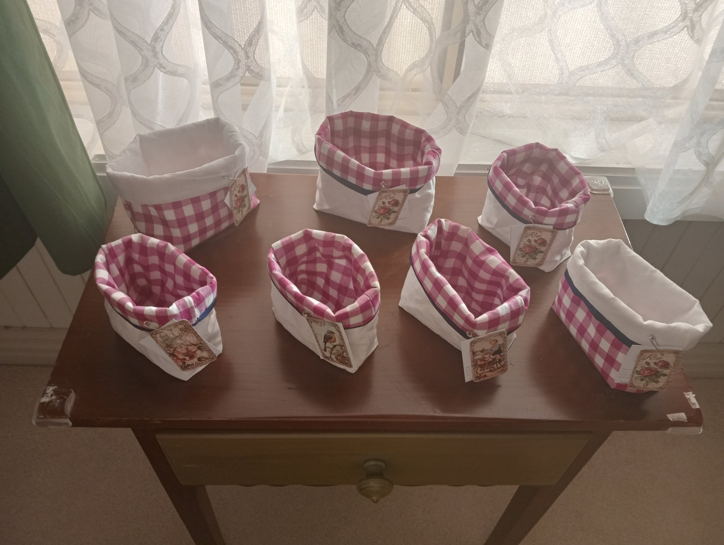 Handmade Irish Linen Quilted Storage Basket | contrast Magenta Gingham Fabric Basket