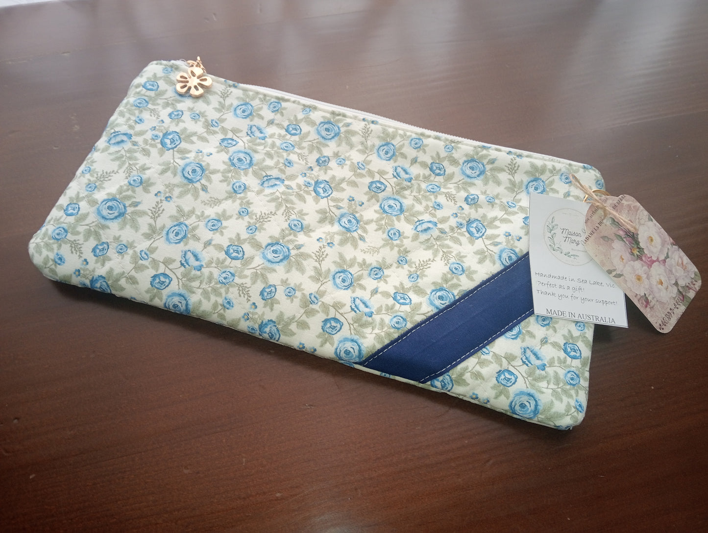 Blue Floral Quilted Zipper Purse 10" Length x 5" Height Handbag Essentials in Style