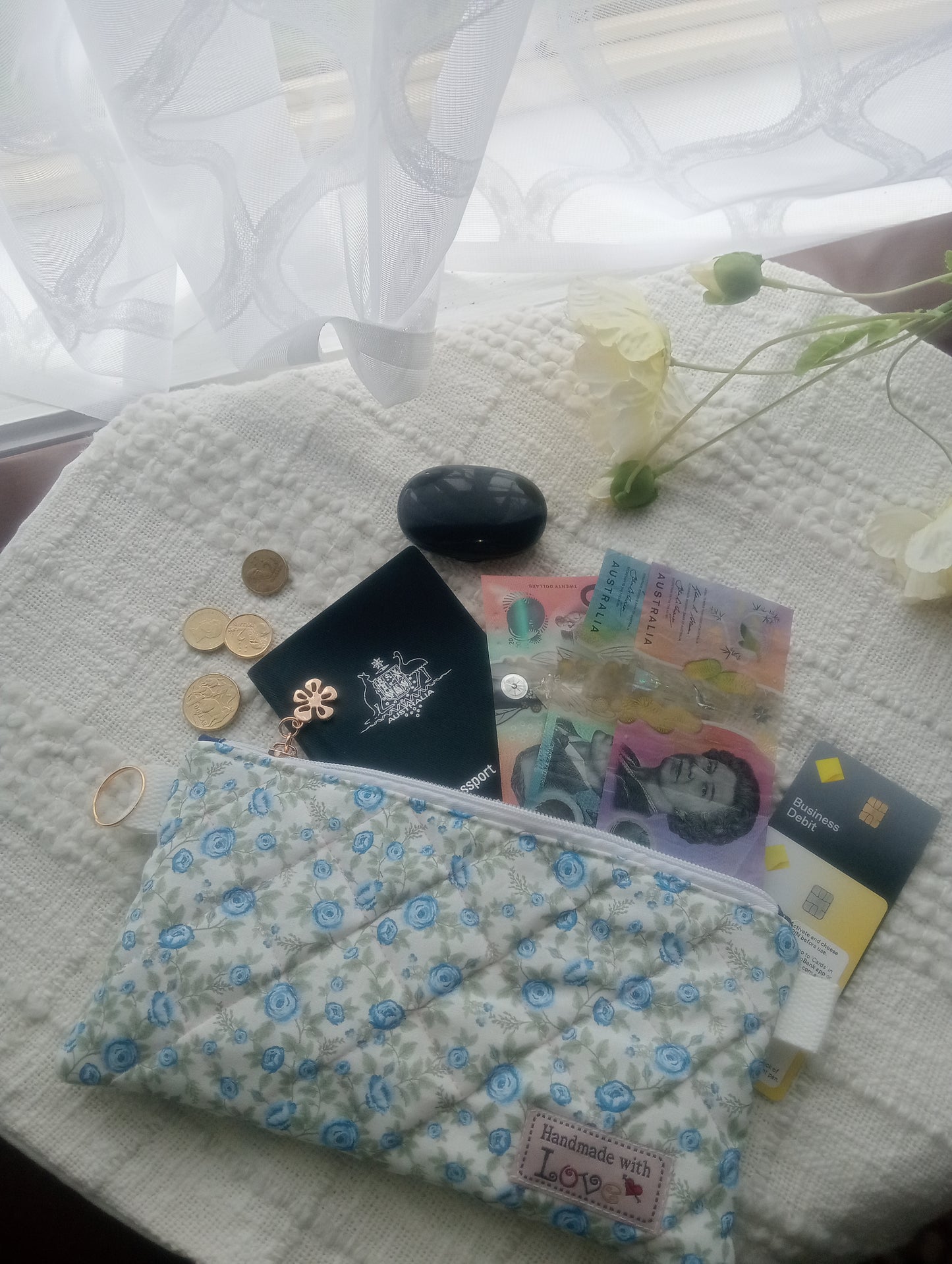 Blue Floral Quilted Zipper Purse 10" Length x 5" Height Handbag Essentials in Style