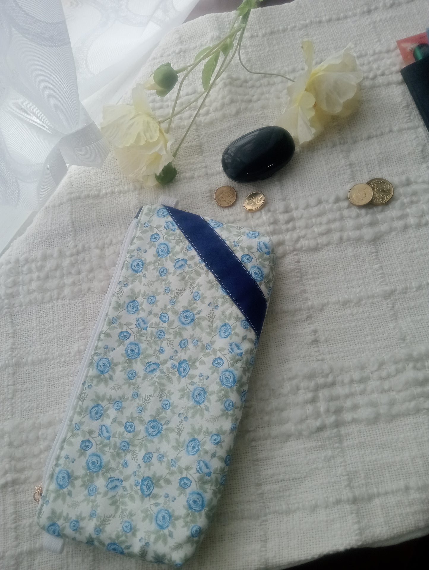 Blue Floral Quilted Zipper Purse 10" Length x 5" Height Handbag Essentials in Style