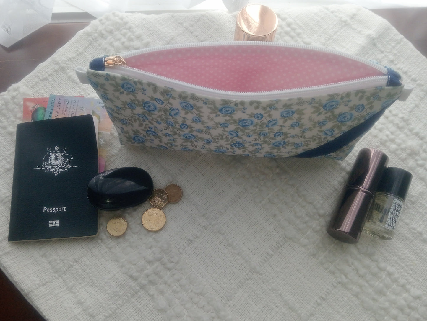 Blue Floral Quilted Zipper Purse 10" Length x 5" Height Handbag Essentials in Style