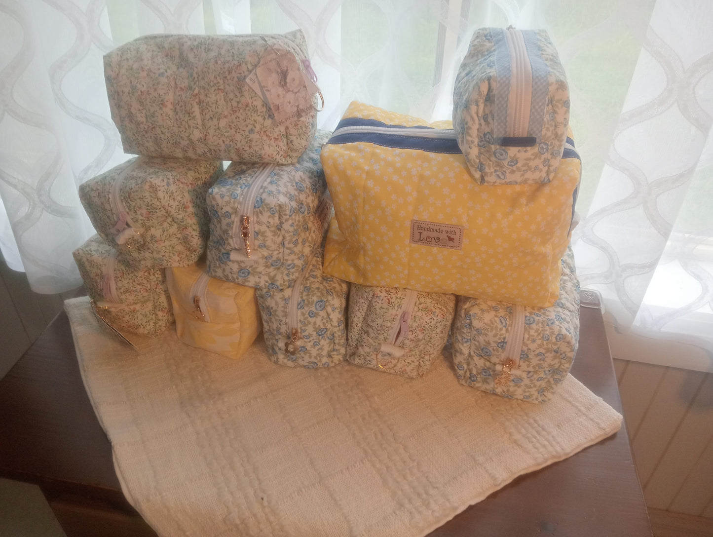 Handmade Gold floral Boxy Makeup Case/ quilted cotton Cosmetic Case