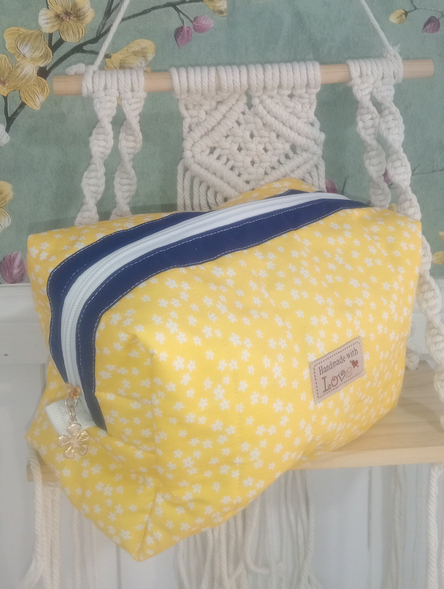 Handmade Gold floral Boxy Makeup Case/ quilted cotton Cosmetic Case