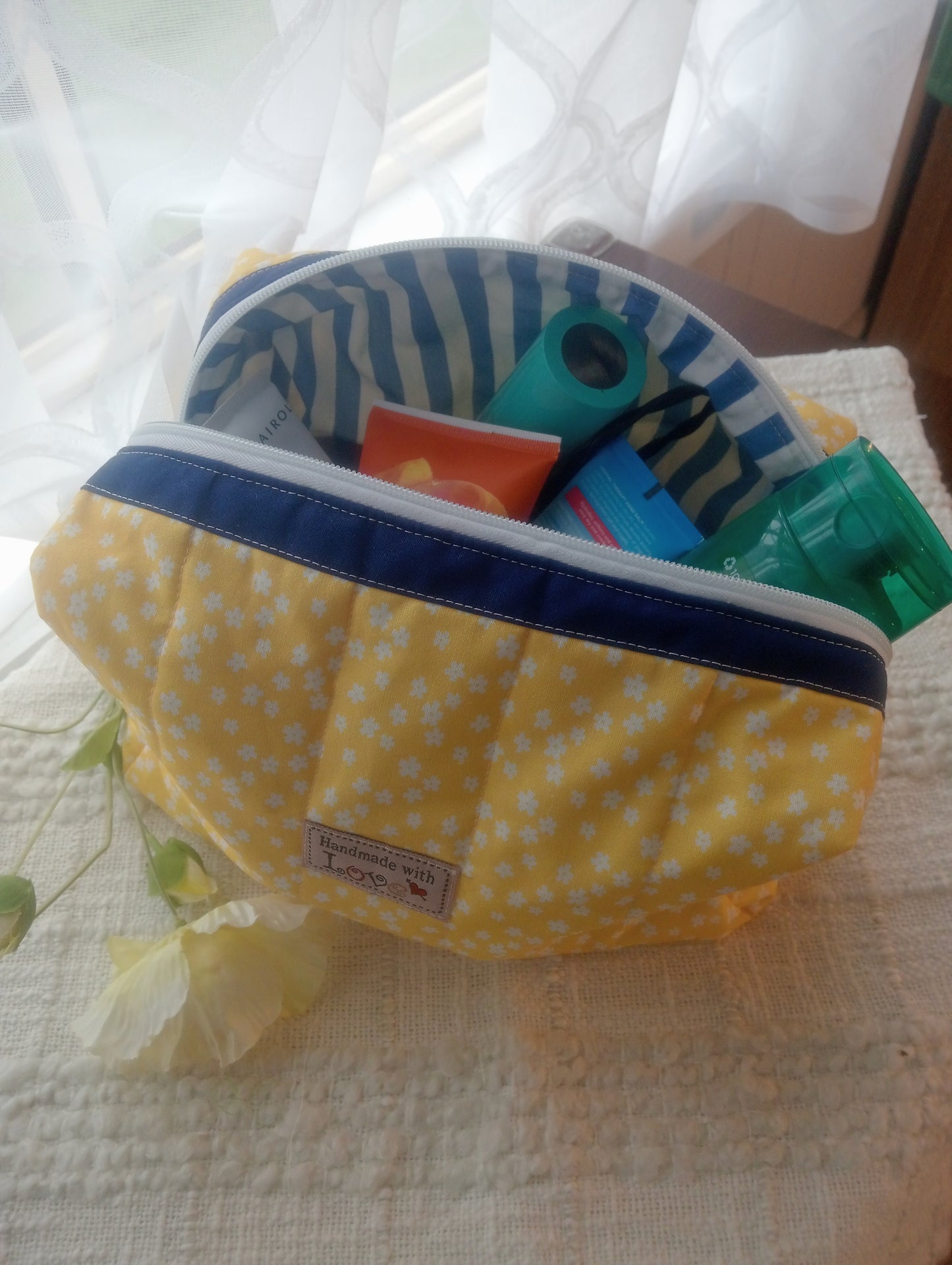 Handmade Gold floral Boxy Makeup Case/ quilted cotton Cosmetic Case