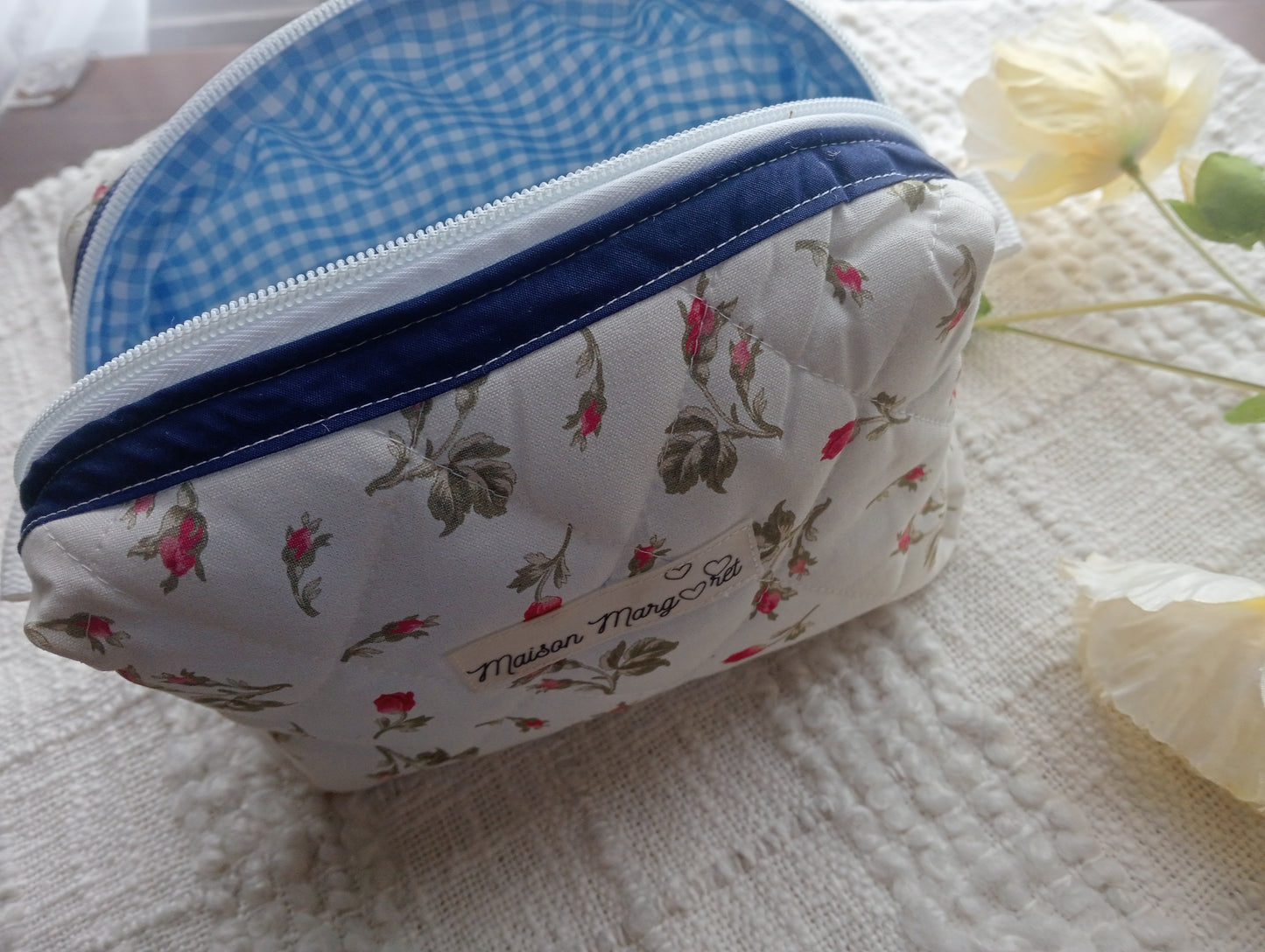 Handmade Boxy Makeup Case l Scattered Rosebuds l Quilted Cosmetic Bag l Cotton Toiletry Case with Blue/White check Gingham Lining.