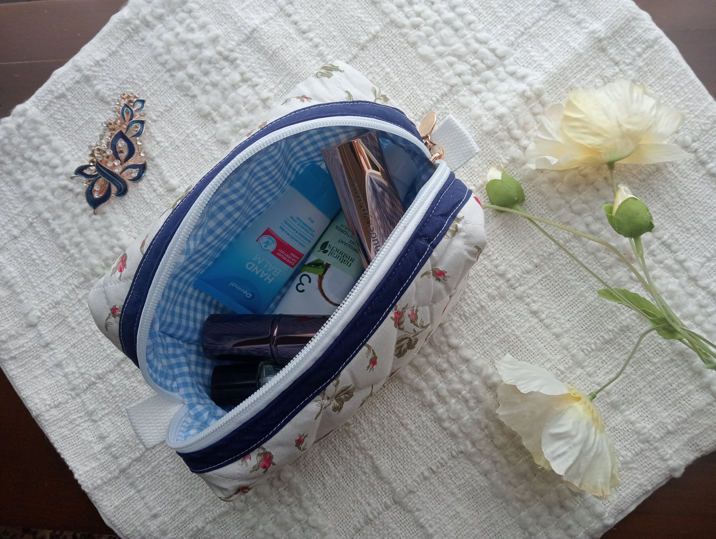 Handmade Boxy Makeup Case l Scattered Rosebuds l Quilted Cosmetic Bag l Cotton Toiletry Case with Blue/White check Gingham Lining.