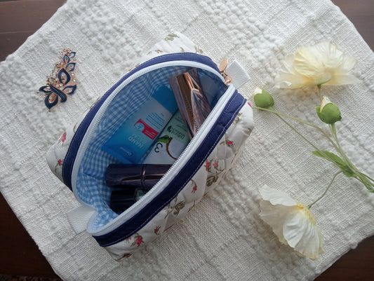 Handmade Boxy Makeup Case l Scattered Rosebuds l Quilted Cosmetic Bag l Cotton Toiletry Case with Blue/White check Gingham Lining.