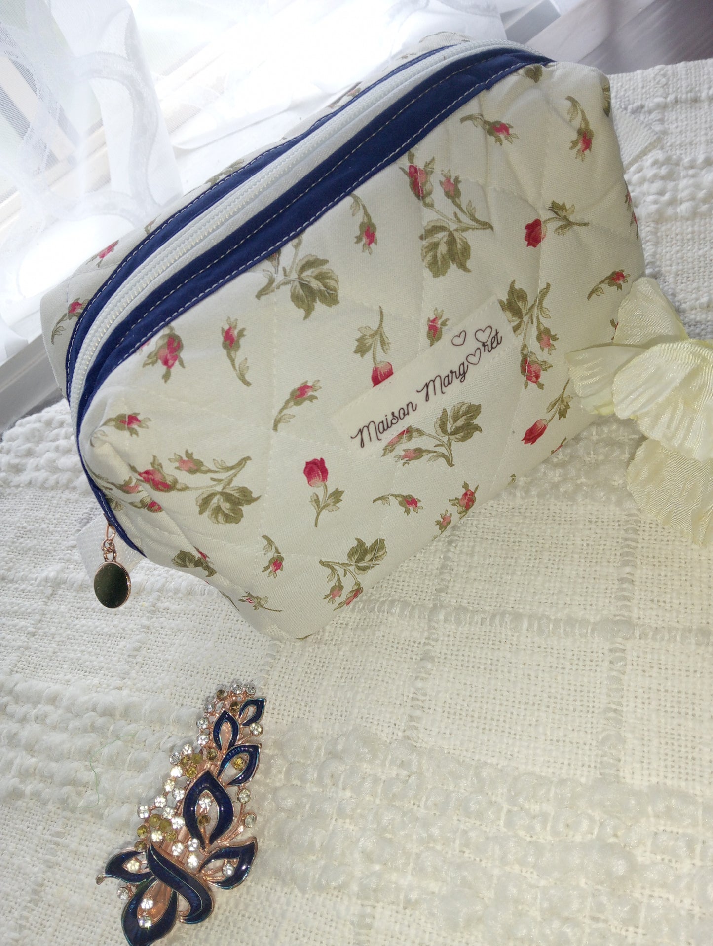 Handmade Boxy Makeup Case l Scattered Rosebuds l Quilted Cosmetic Bag l Cotton Toiletry Case with Blue/White check Gingham Lining.