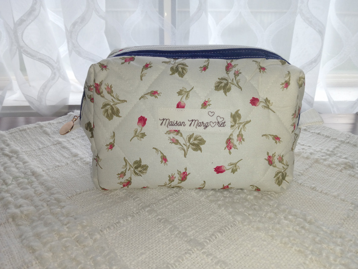 Handmade Boxy Makeup Case l Scattered Rosebuds l Quilted Cosmetic Bag l Cotton Toiletry Case with Blue/White check Gingham Lining.