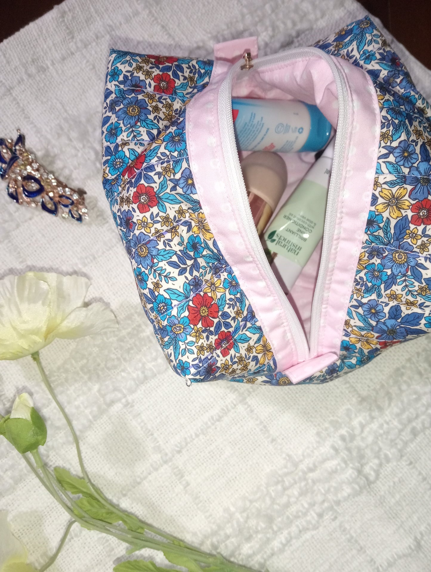 Handmade Boxy-Boxy Makeup Case l Spring Garden l Quilted Cosmetic Bag l Cotton Toiletry Case with Pink/White check Gingham Lining and accents.
