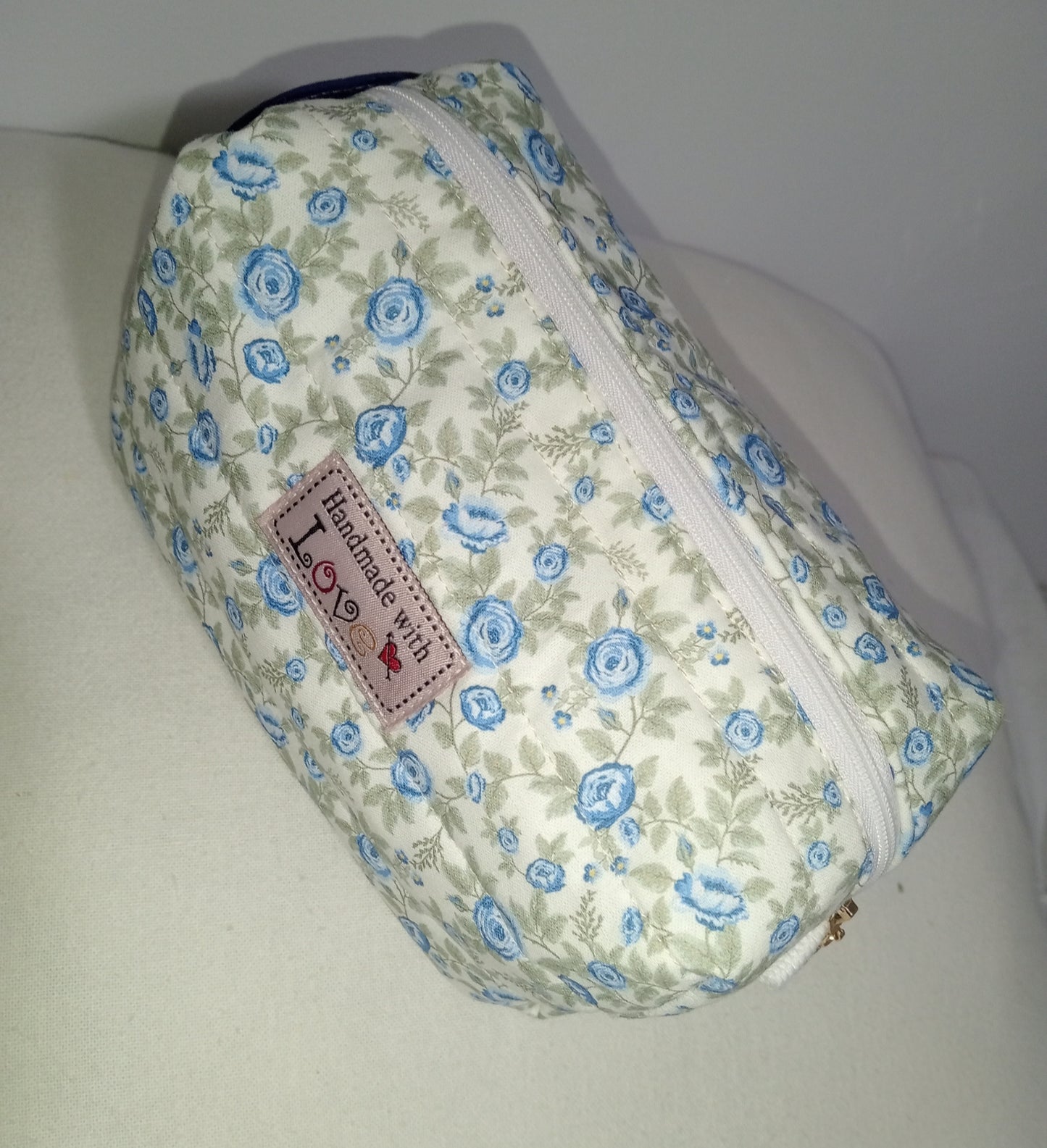 Handmade Boxy Makeup Case l Blue Floral Quilted Cosmetic Bag l Cotton Toiletry Case with Pink/White check Gingham Lining.