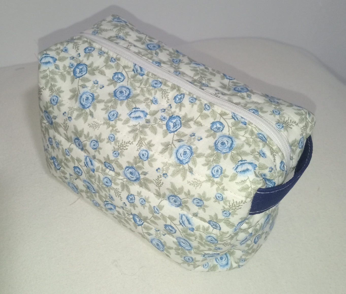 Handmade Boxy Makeup Case l Blue Floral Quilted Cosmetic Bag l Cotton Toiletry Case with Pink/White check Gingham Lining.