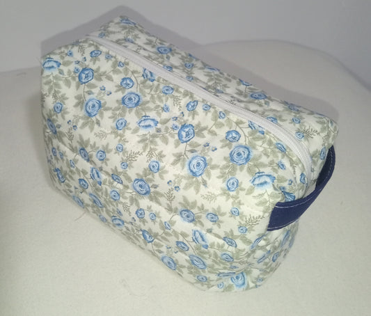 Handmade Boxy Makeup Case l Blue Floral Quilted Cosmetic Bag l Cotton Toiletry Case with Pink/White check Gingham Lining.