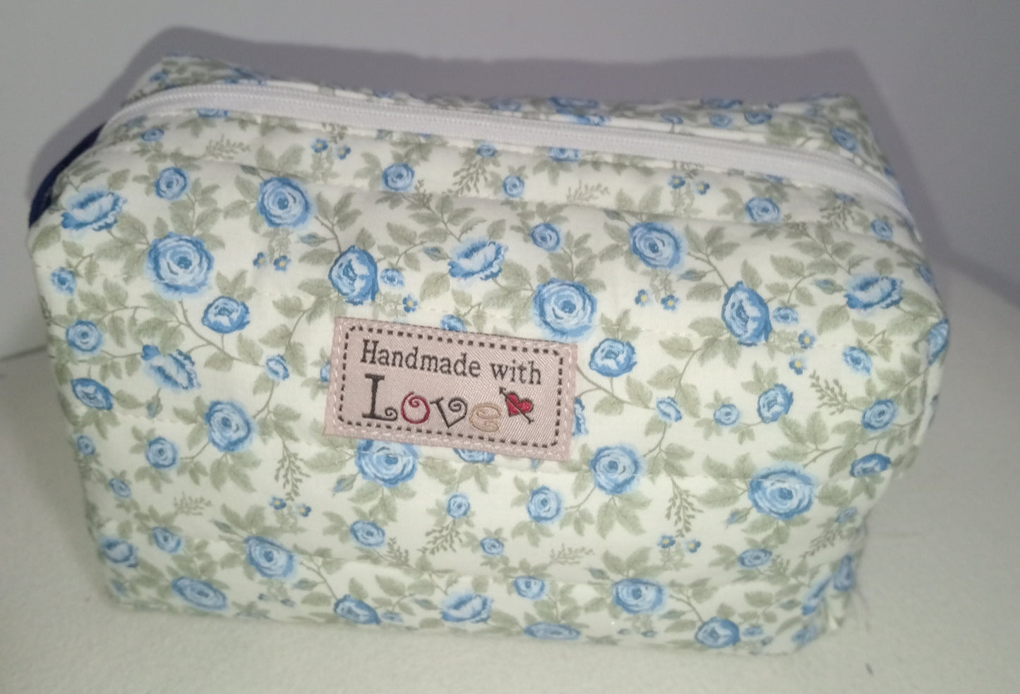 Handmade Boxy Makeup Case l Blue Floral Quilted Cosmetic Bag l Cotton Toiletry Case with Pink/White check Gingham Lining.